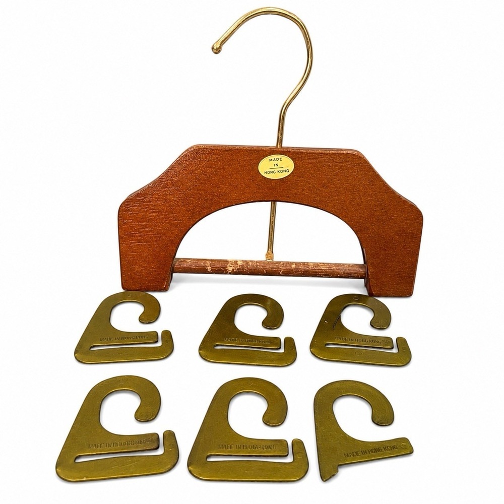 VTG Wooden‎ Necktie Holder Rack 6 Gold Tie Clips Made in Hong Kong Retro MCM